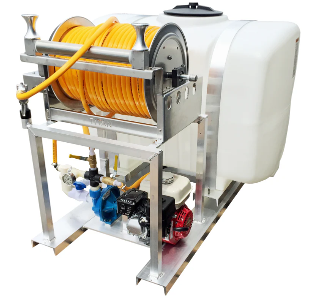 200 Gallon Skid w/ Centrifugal Pump & Electric Reel with 300' 1/2" ID Hose & Guide