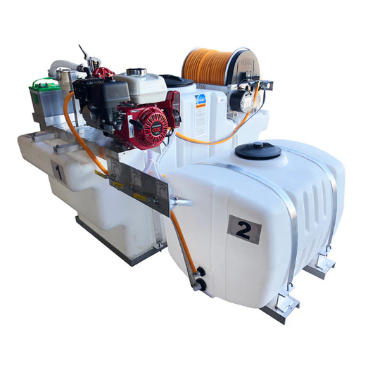 200/100 Gallon SpaceSaver Dual Tank Skid Sprayer w/ 10 GPM Pump & Electric Reel 300' 1/2" ID Hose